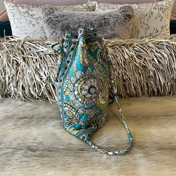 VERA BRADLEY Peacock Drawstring Bag Small Backpack Green Blue Paisley 2007 Y2K - Picture 7 of 13